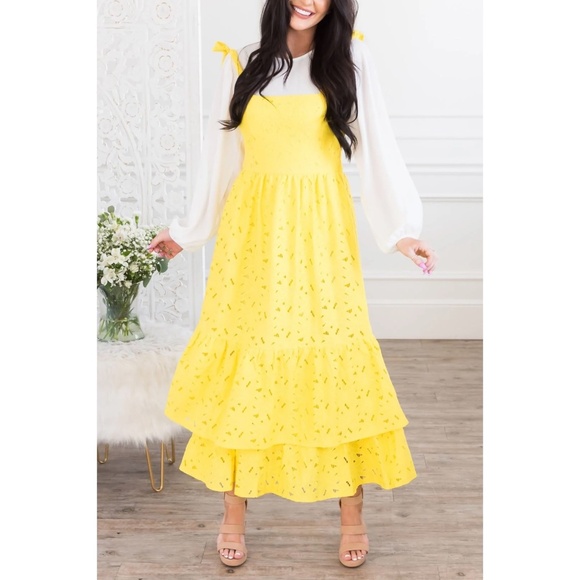 Flying Tomato Yellow Lace Double Ruffle Layer Midi Dress - Picture 5 of 8